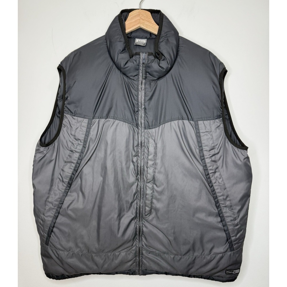REI Goose Down Reversible Puffer Vest Mens XL Gray Black Full Zip Outdoor Gorp